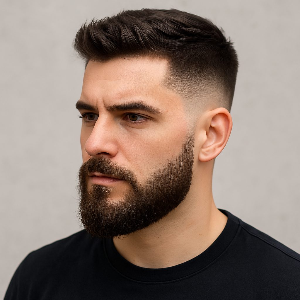 Drop fade with beard and mustache